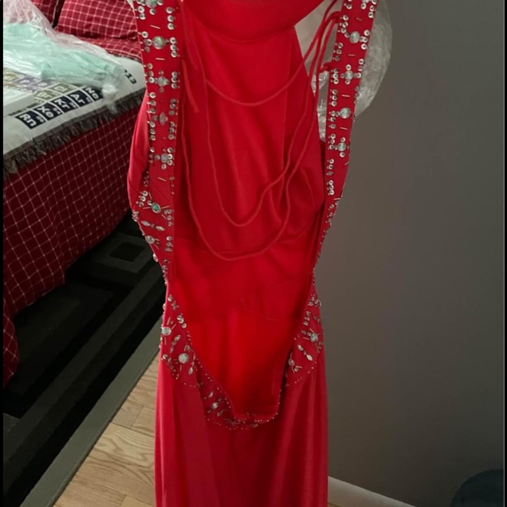 Coral beaded open back prom dress